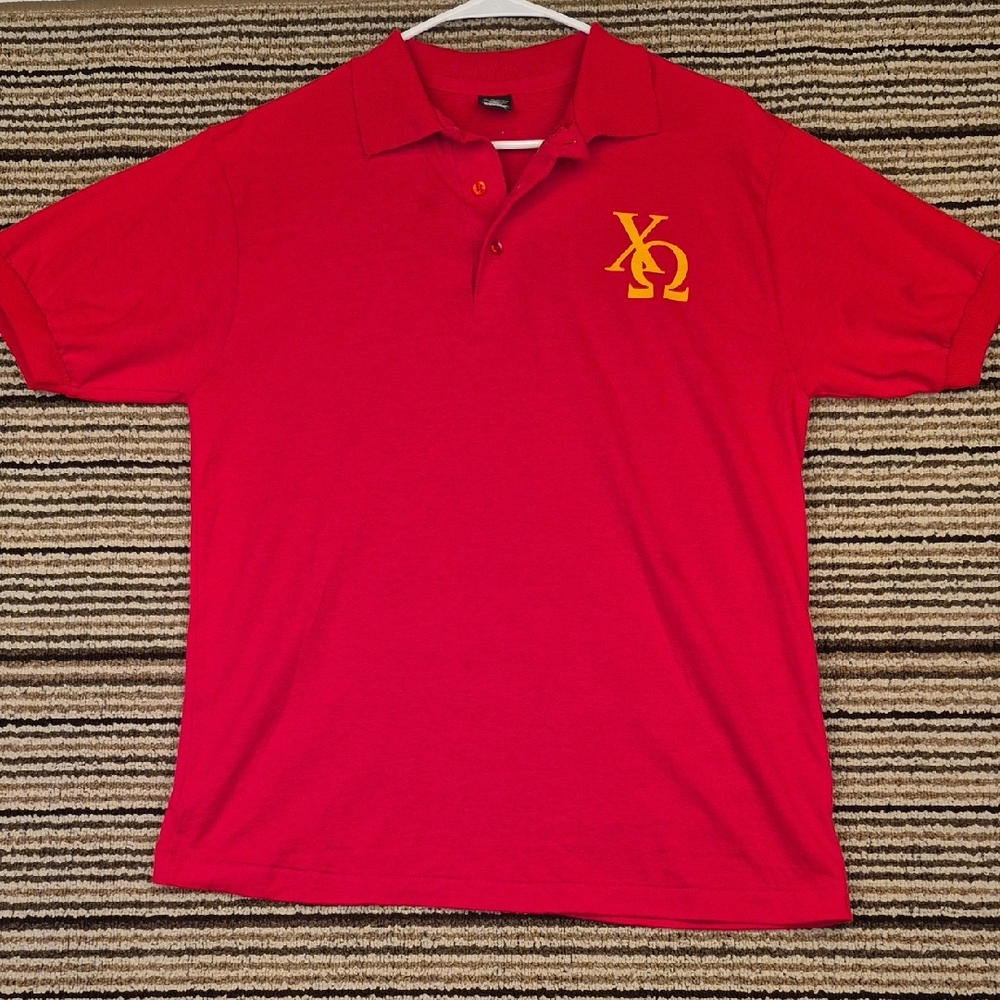 CHI OMEGA‎ Fraternity Red Gold Cotton Blend Medium Mens Polo Shirt VTG RARE
